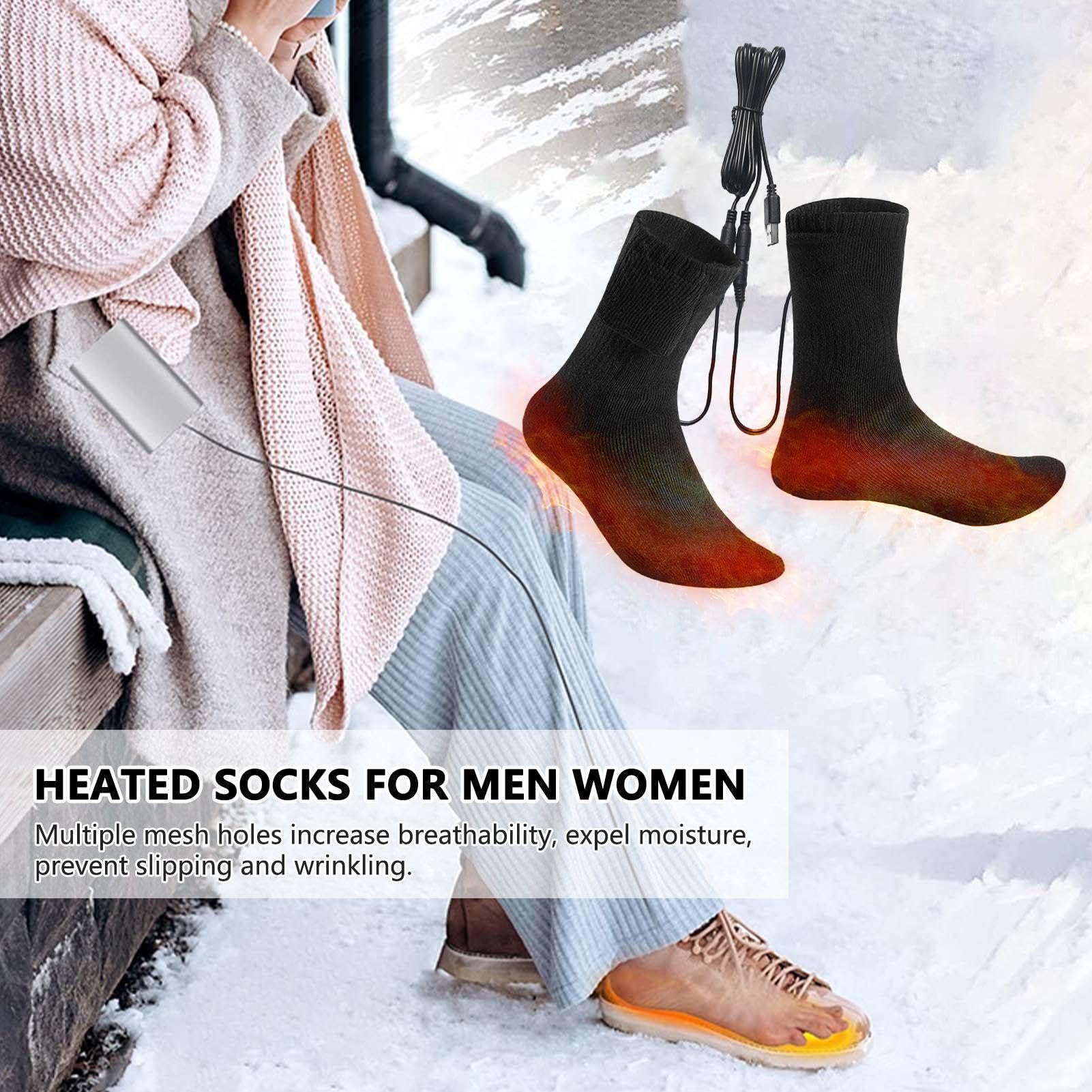 Apujent heated socks showing soft cotton-poly-spandex material