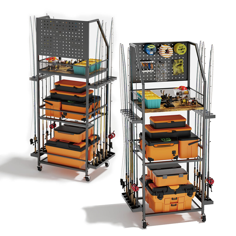 AQNTQCN 3-tier fishing rod holders front view showing accessible 12-rod storage