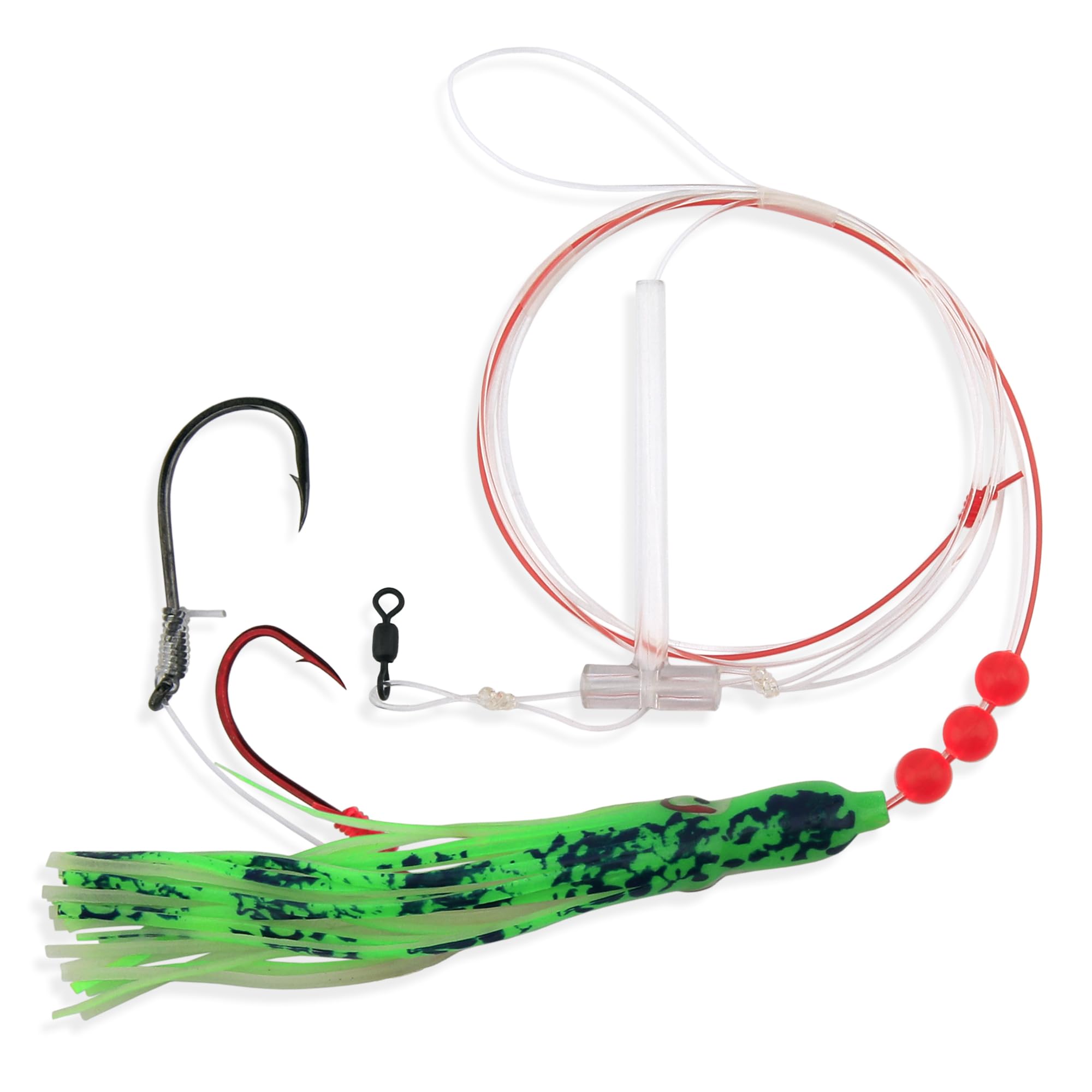 Aqua-Clear tandem rig setup close-up shows versatile target-friendly fishing potential.