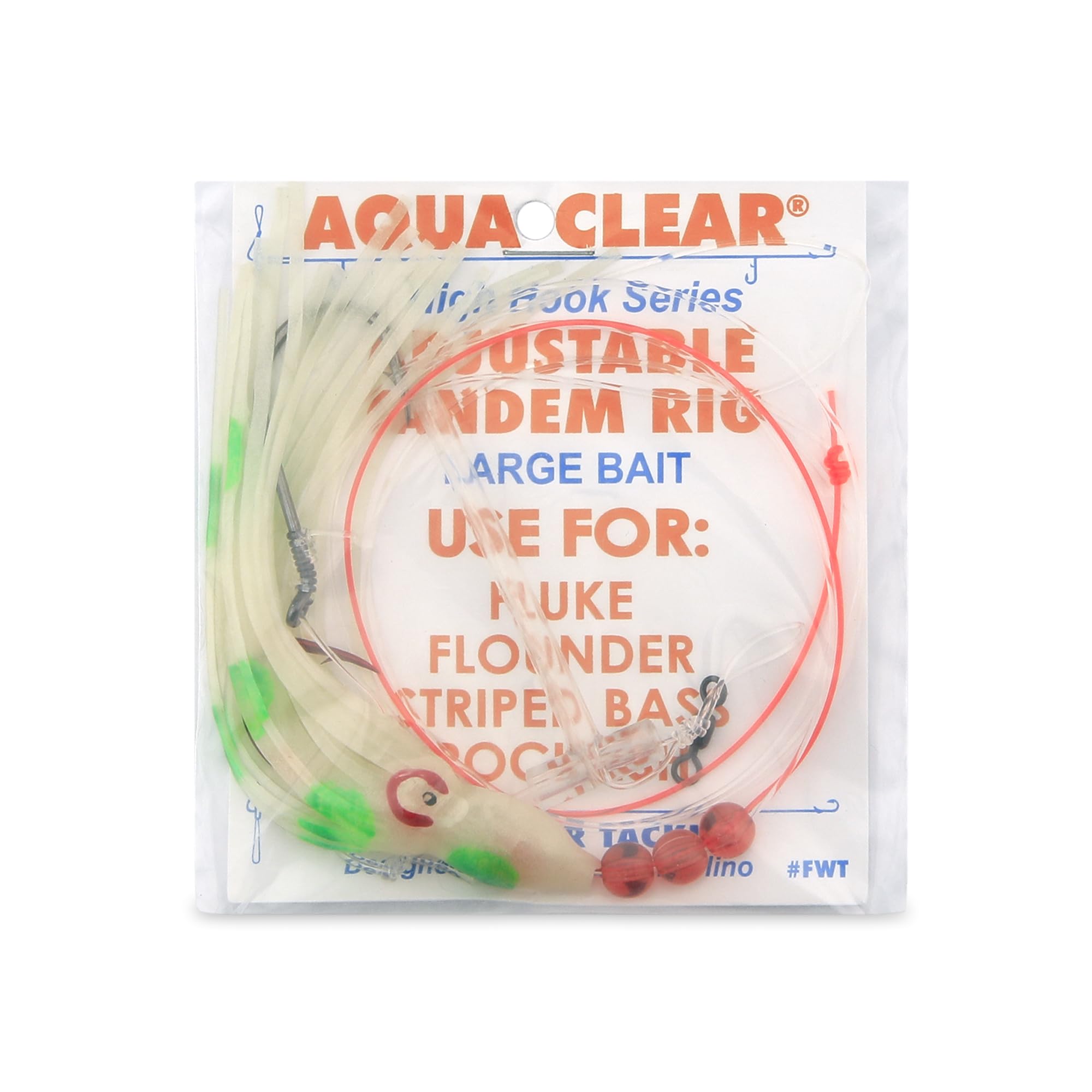 Aqua-Clear Adj Tandem Rig glow money green squid boosts visibility in dim water.