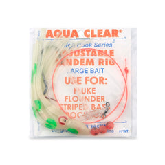 Aqua-Clear Adj Tandem Rig glow money green squid boosts visibility in dim water.