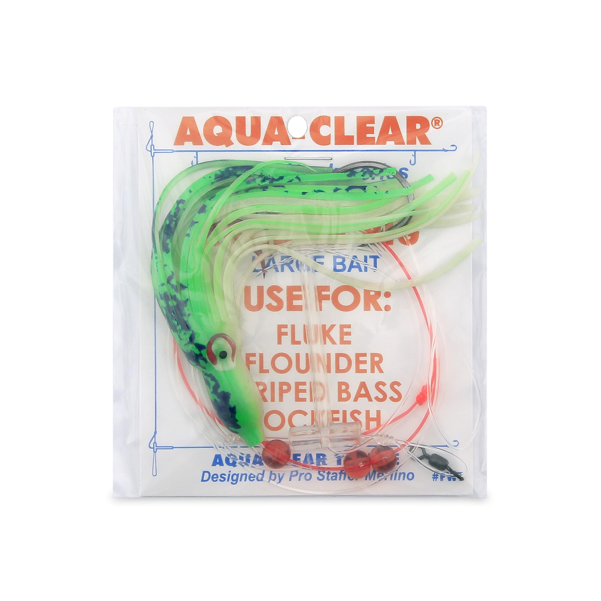 Aqua-Clear Adj Tandem Rig with Swamp Thing green-black squid lure enhances lure action.