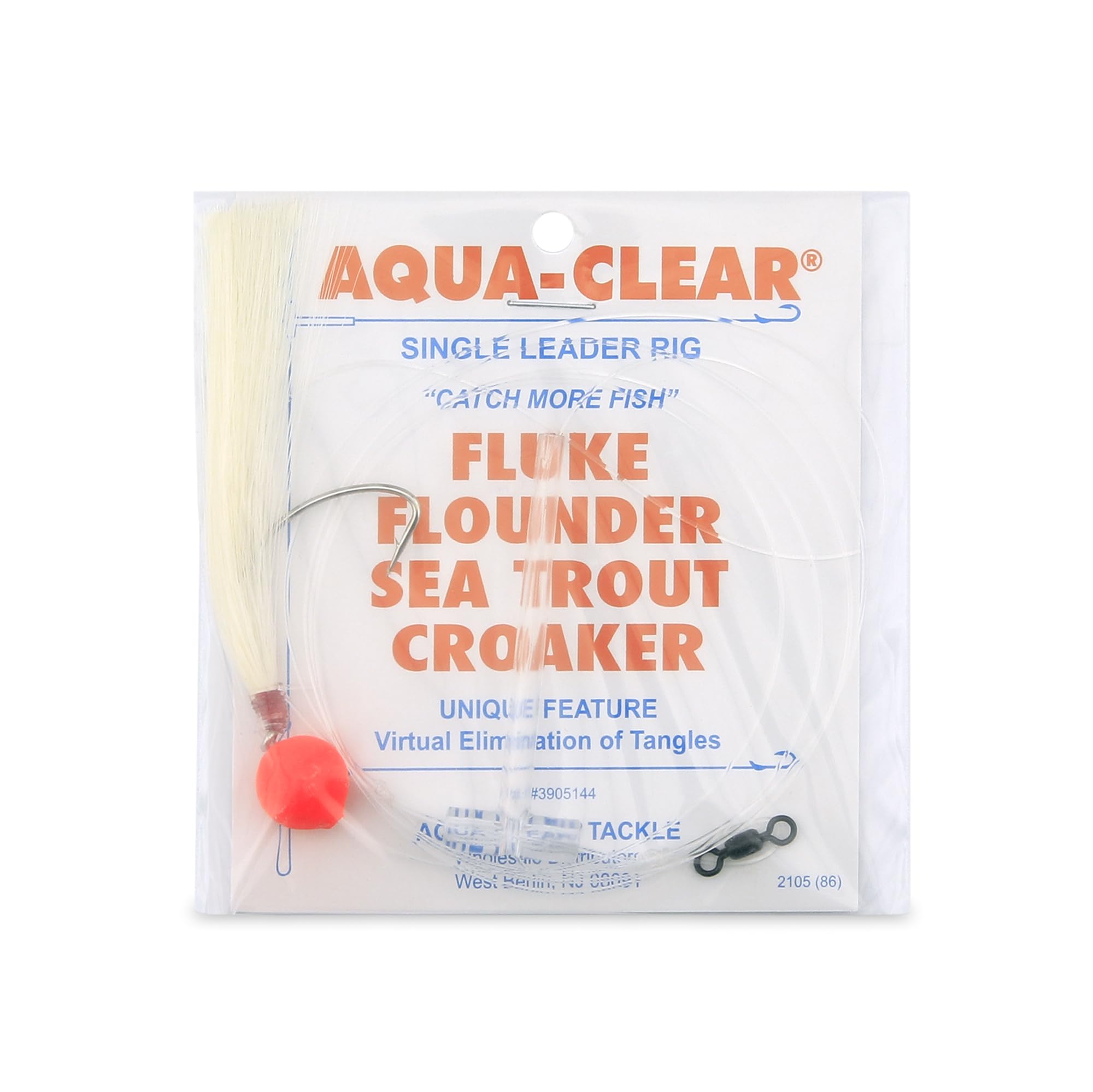 Aqua-Clear float and hair rig with white hair and red float for flounder and sea trout.