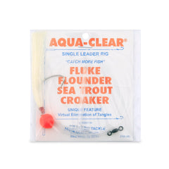 Aqua-Clear float and hair rig with white hair and red float for flounder and sea trout.
