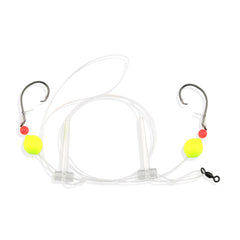 Aqua-Clear Hi-Lo Bluefish Rig chartreuse-floats highlights visibility and bite-triggering buoyant floats.