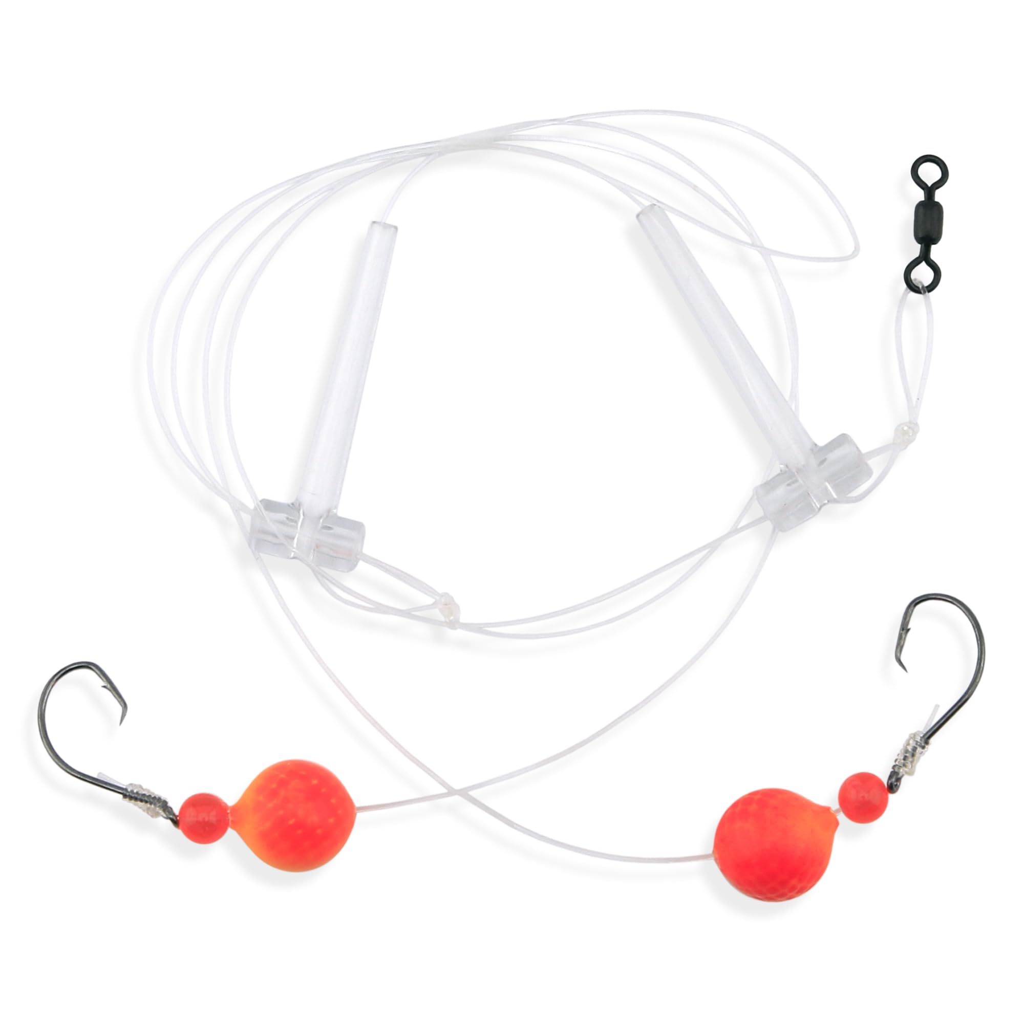 Rig components including AFW swivel, 25 lb Grand Slam Mono, T-Standoff, red beads and orange floats