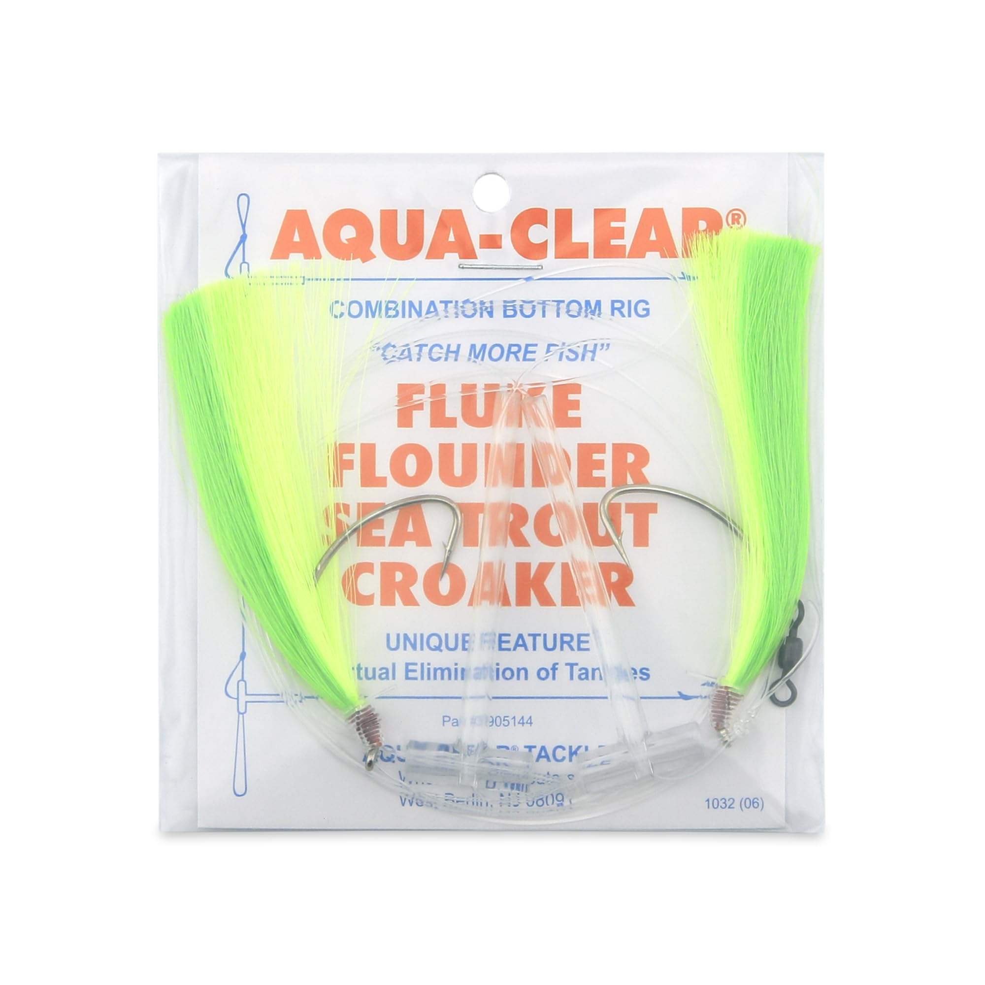Aqua-Clear Hi-Lo teaser rig with green chartreuse hair attracts saltwater fish like flounder and sea trout.