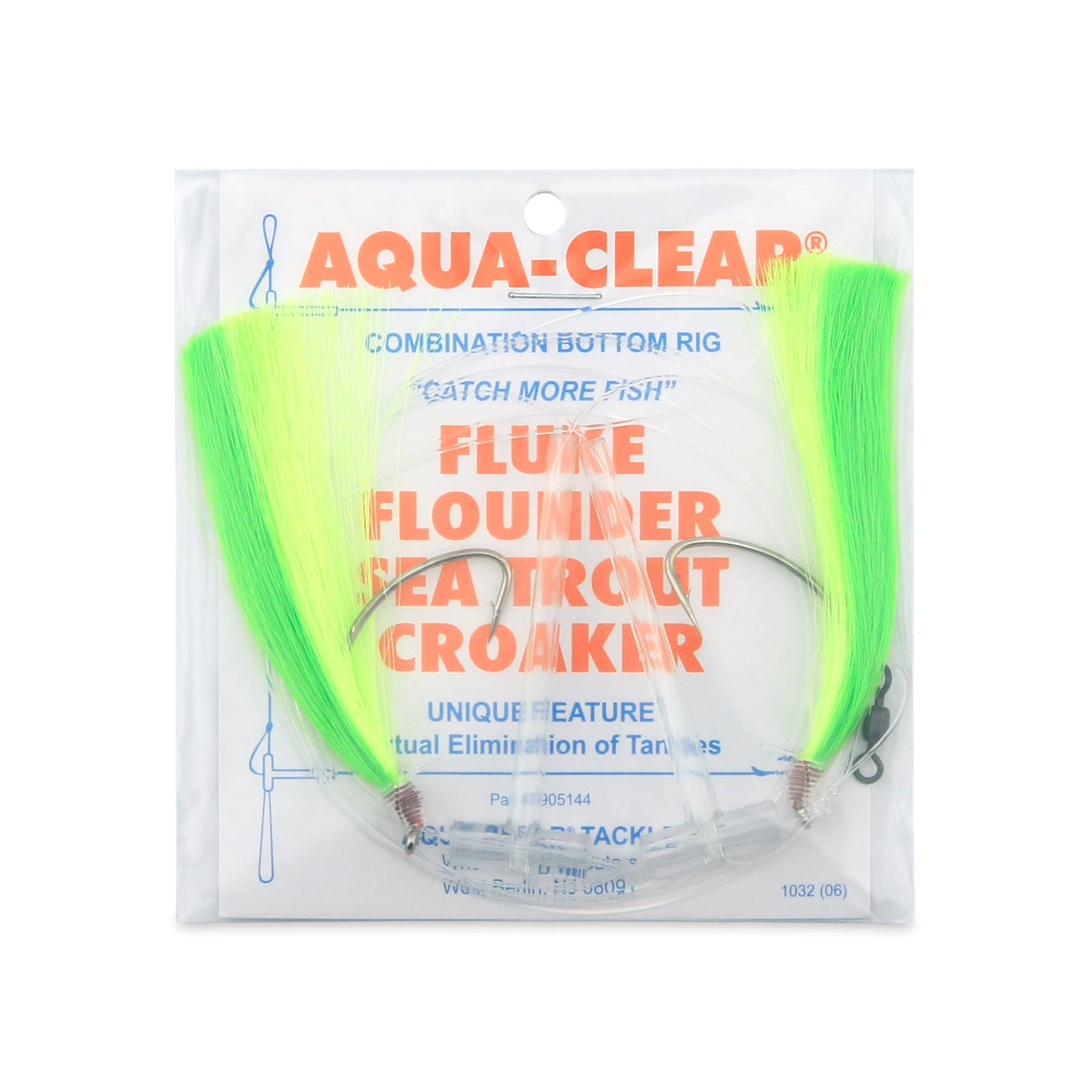 Aqua-Clear Hi-Lo teaser rig with green chartreuse hair attracts saltwater fish like flounder and sea trout.