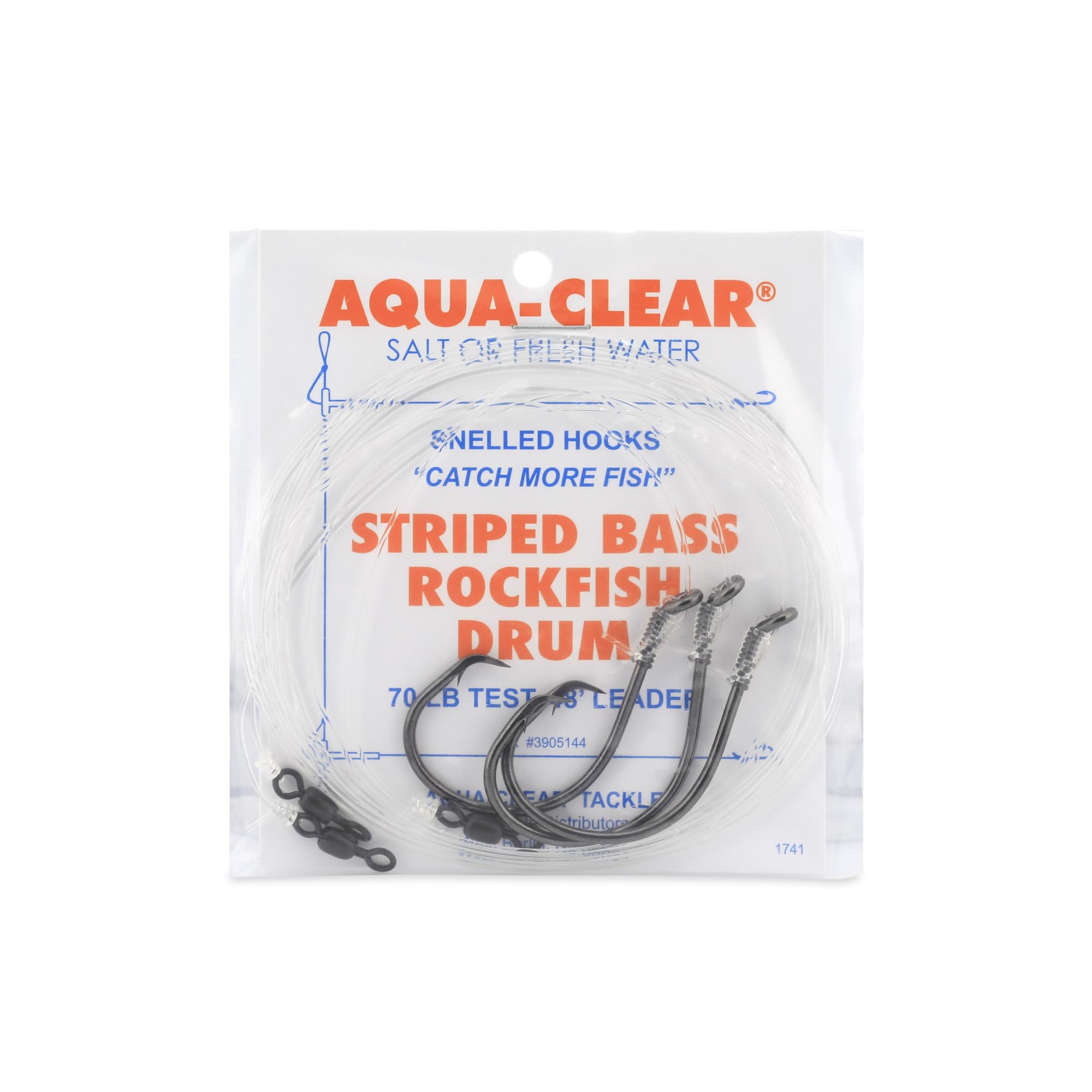 Aqua-Clear striped bass nhanh-fastened hooks rig with 8/0 Demon Circle hooks, AFW swivel, 60 lb mono, 48 inches, 3-piece set.