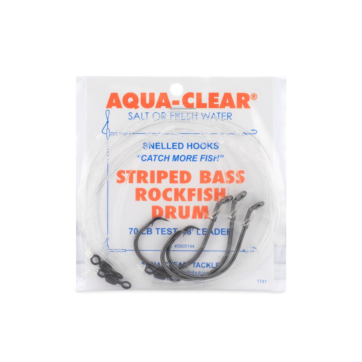 Aqua-Clear striped bass nhanh-fastened hooks rig with 8/0 Demon Circle hooks, AFW swivel, 60 lb mono, 48 inches, 3-piece set.