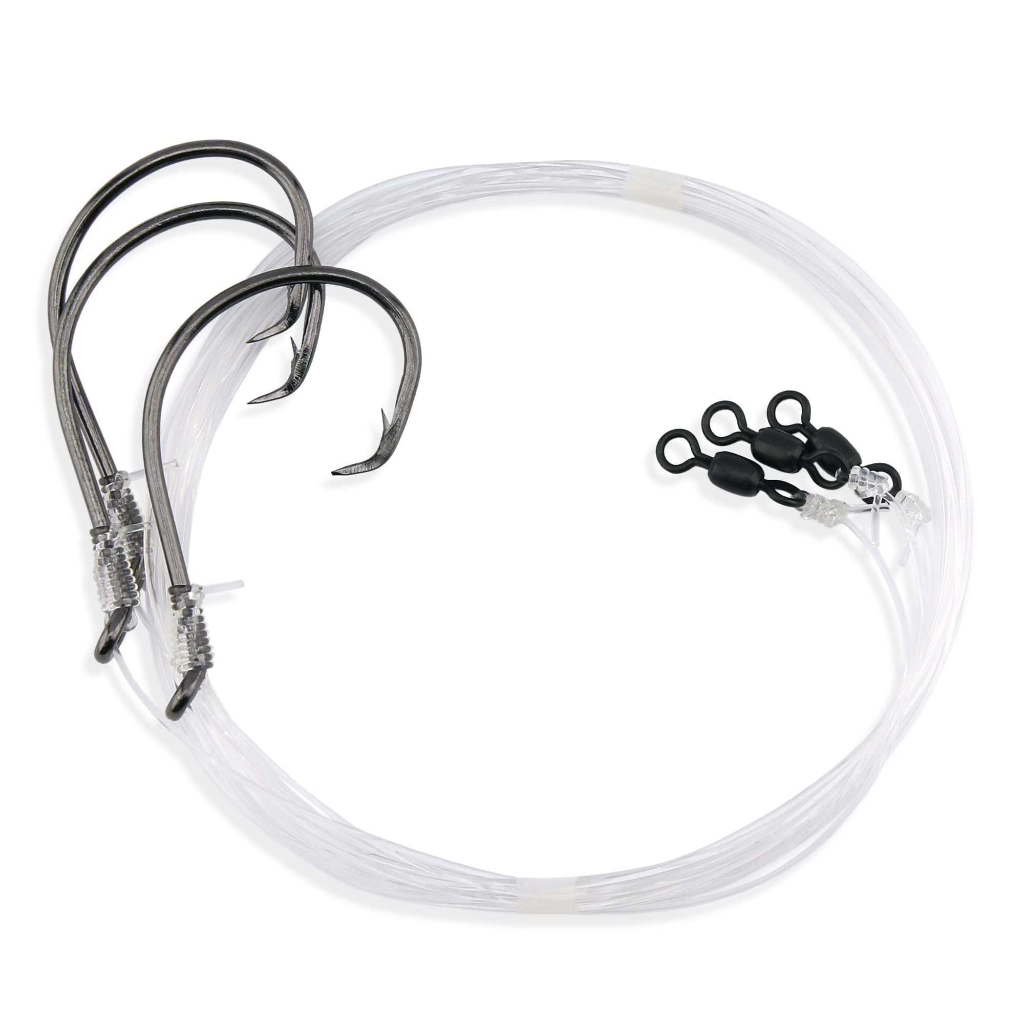 Close-up of Demon Circle hooks and swivel on Aqua-Clear bass rig, 60 lb test line, 48 inch length.