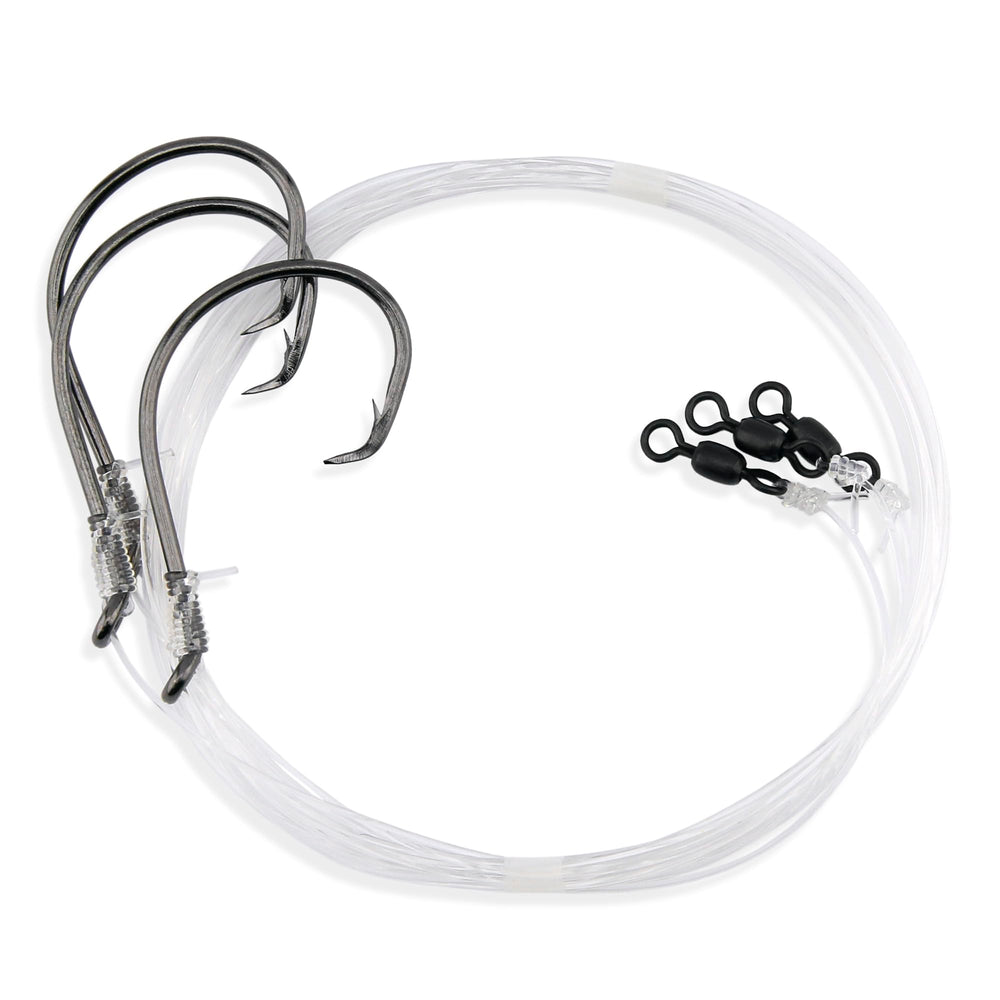 Close-up of Demon Circle hooks and swivel on Aqua-Clear bass rig, 60 lb test line, 48 inch length.