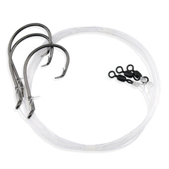 Close-up of Demon Circle hooks and swivel on Aqua-Clear bass rig, 60 lb test line, 48 inch length.