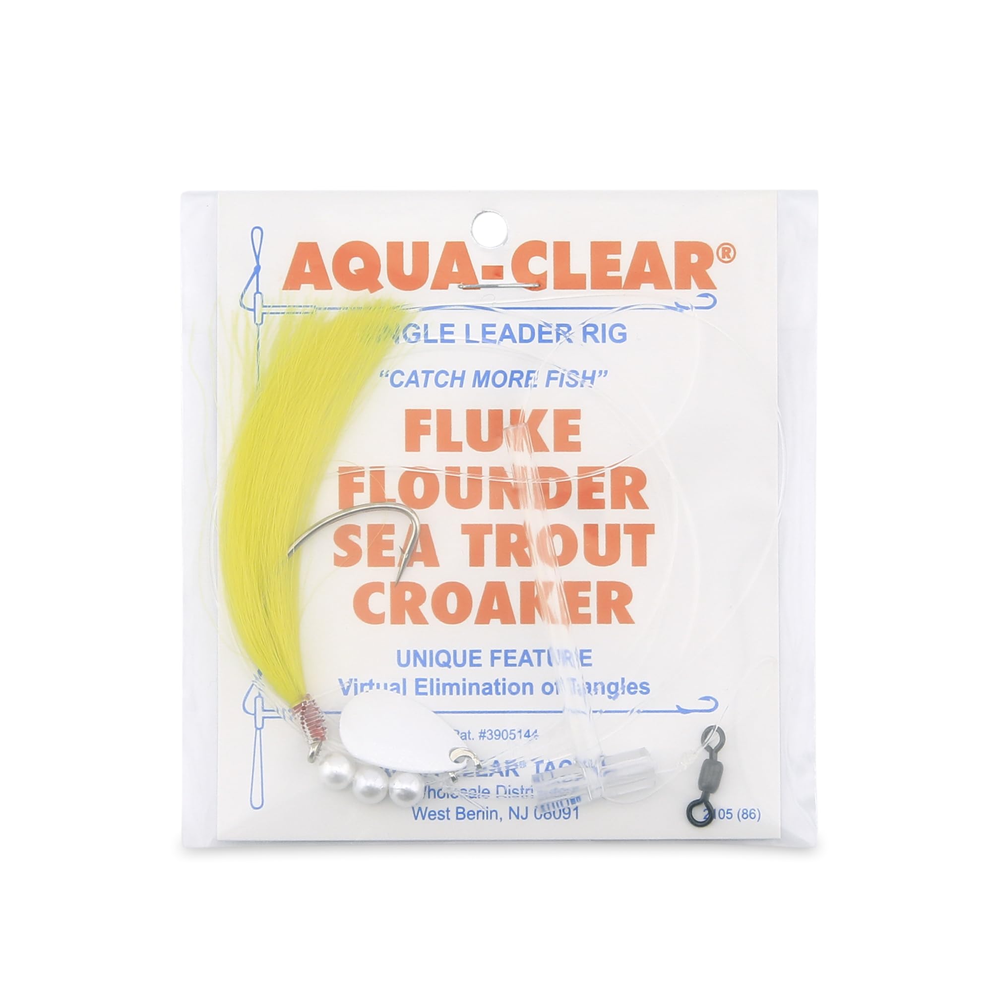 Aqua-Clear XL spinner rig with yellow pearls attracts flounder and sea trout.