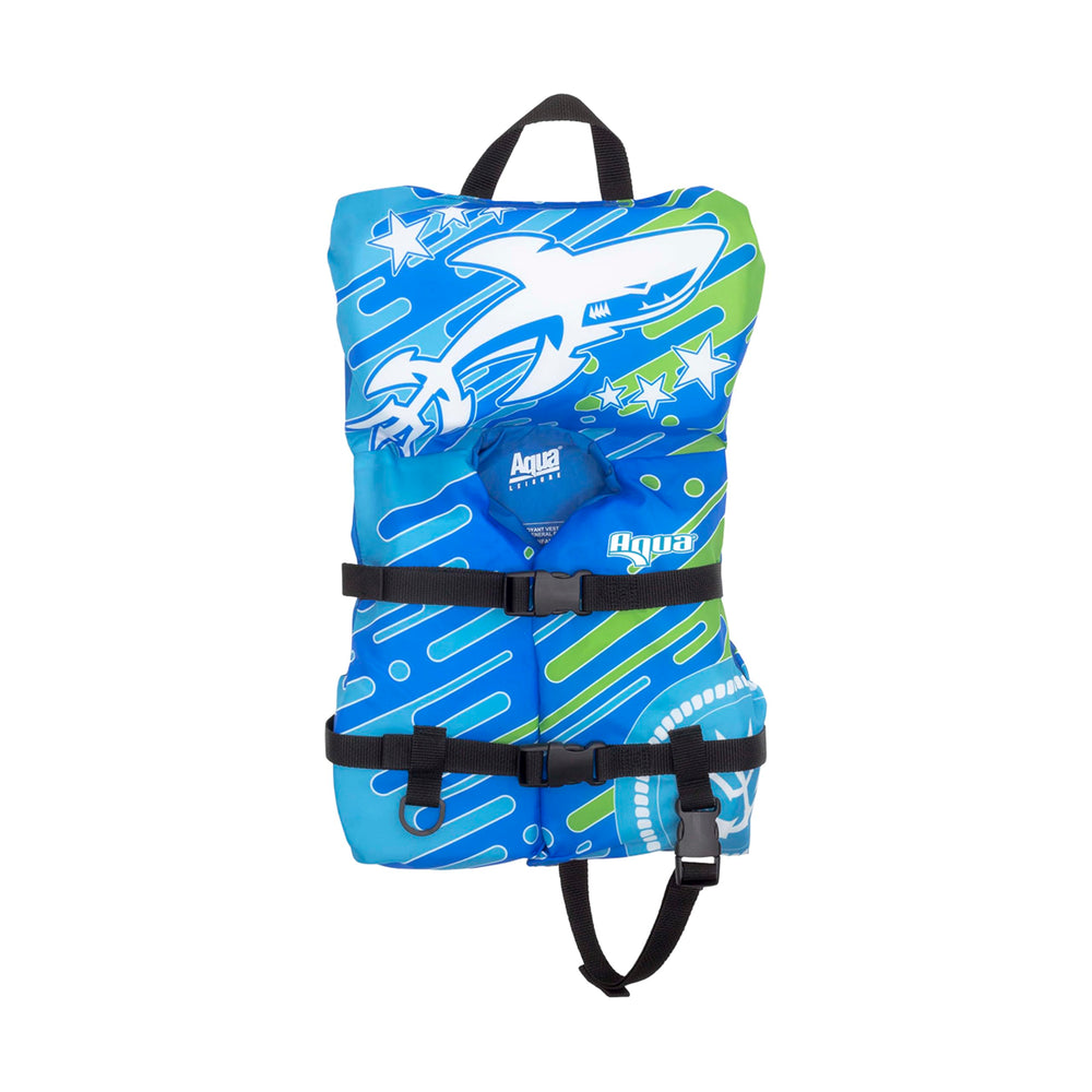 Aqua LEISURE Oceans7 infant life jacket, front view, secure fit.