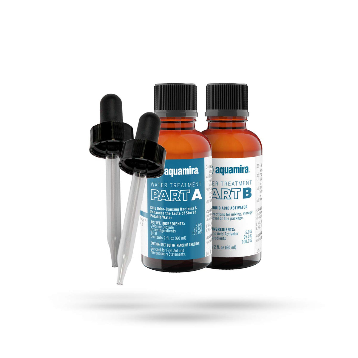 Aquamira water treatment 2oz bottle showing droppers for precise dosing and odor control