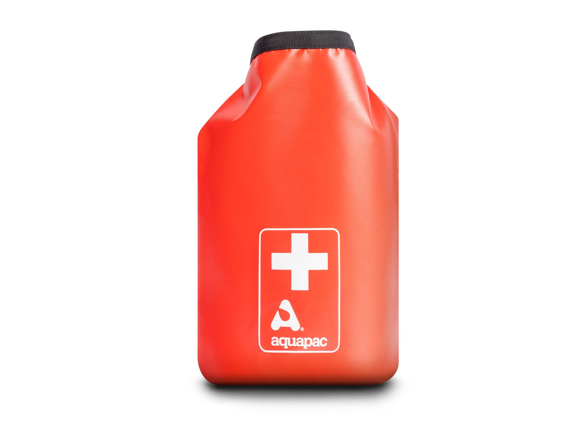Aquapac first aid kit bag top view, bright red for quick emergency visibility.