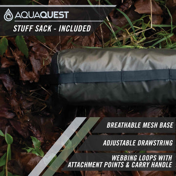 AquaQuest Defender Tarp braced corners enable stable pitch in wind.