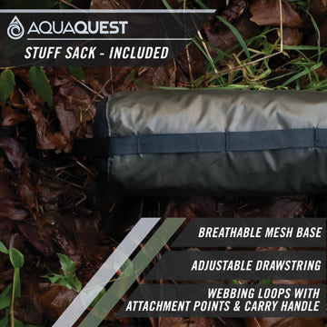 AquaQuest Defender Tarp braced corners and dense tie-outs enable stable setups.