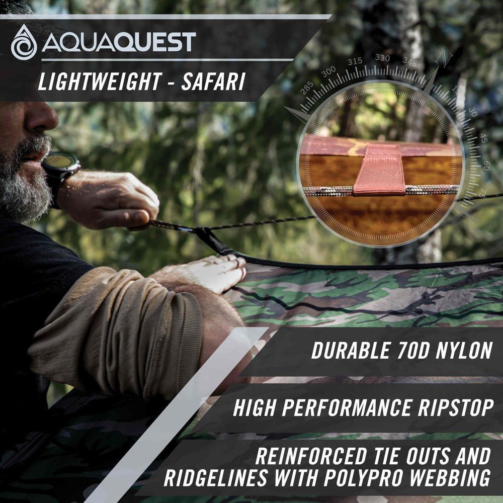 AquaQuest Defender Tarp dense tie-outs grid enables fast, storm-secure setups.