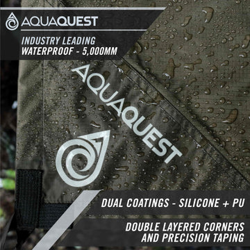 AquaQuest Defender Tarp nylon dual coating highlights rugged durability for expeditions.