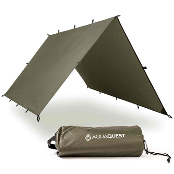 AquaQuest Defender Tarp front view in olive drab provides wide shelter coverage for camping