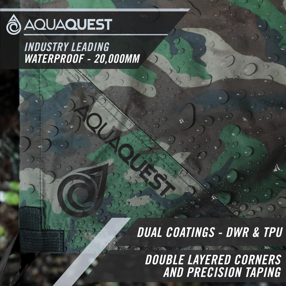 AquaQuest Defender Tarp 70D nylon construction captured for rugged weather protection in the field.