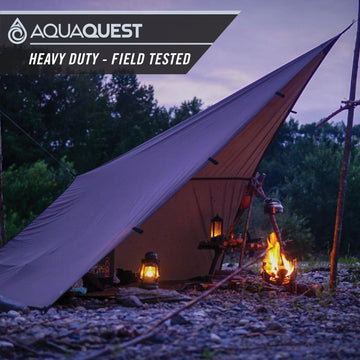 AquaQuest Defender Tarp olive drab 10x10 with 92 ft² coverage for camp protection.