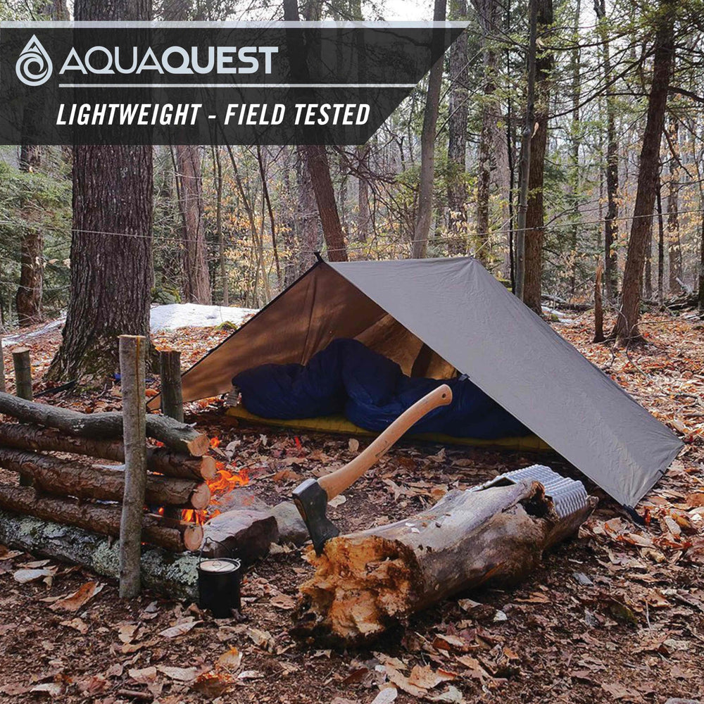 AquaQuest Defender Tarp olive drab finish complements outdoor gear.
