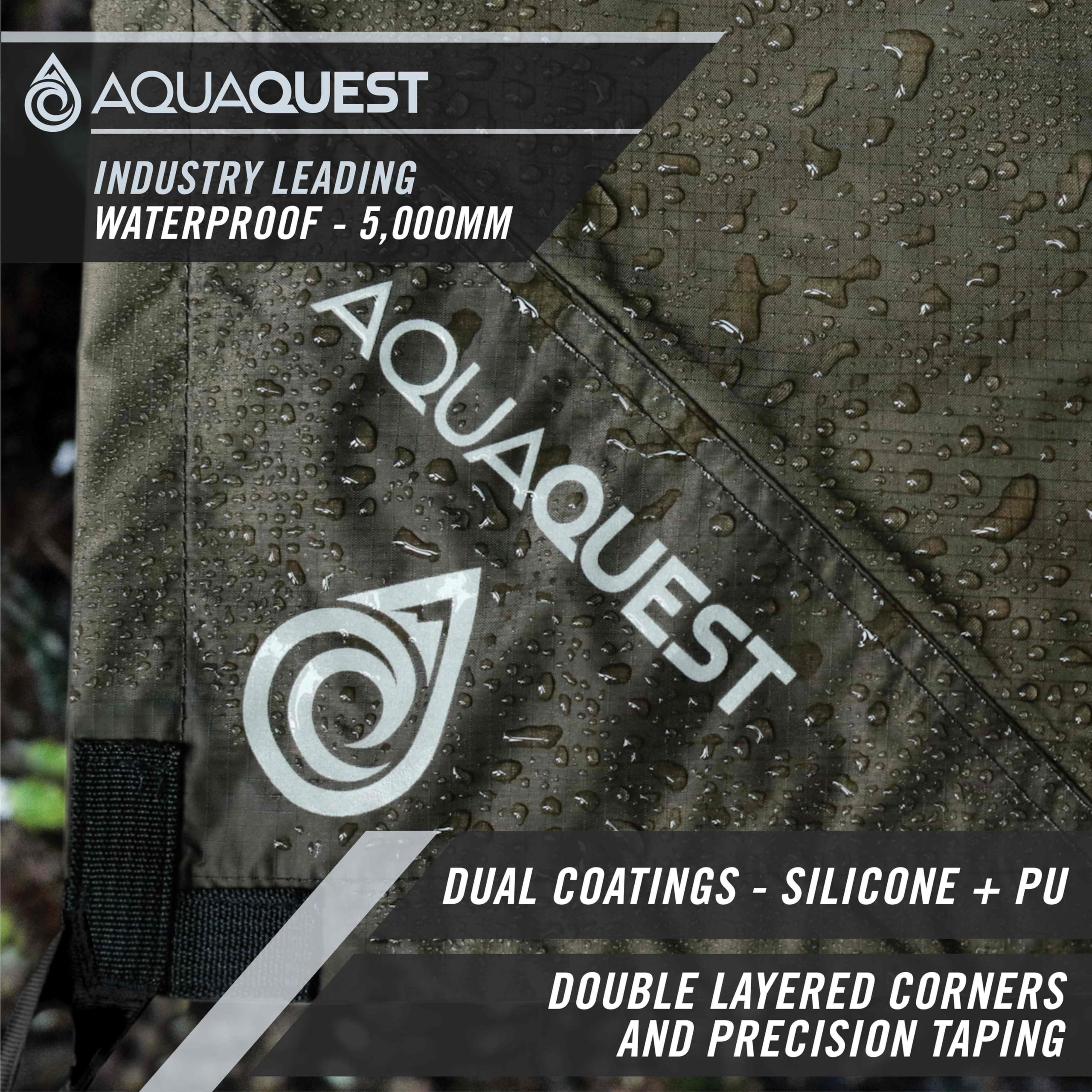 AquaQuest Defender Tarp seam taped closeup shows 20,000 mm waterproof protection for heavy rain