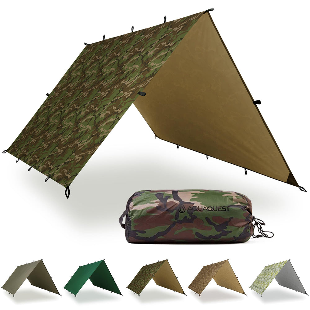 AquaQuest Defender Tarp sheltering in heavy rain for dry gear and protection.