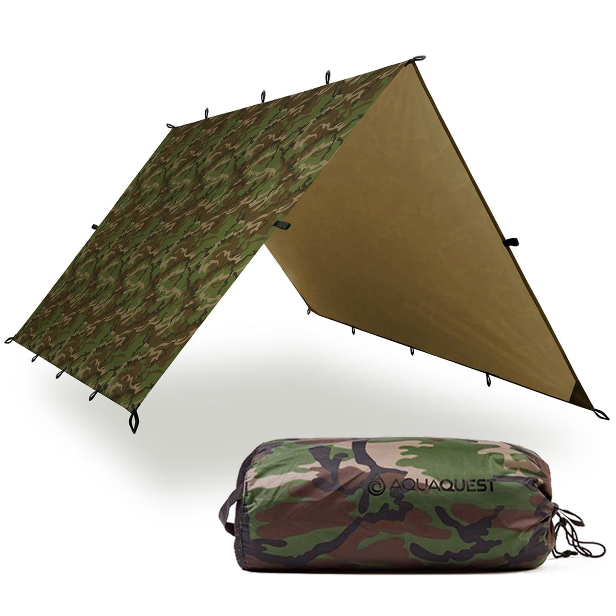 AquaQuest Defender Tarp woodland camo coverage shows broad shelter for rugged camping