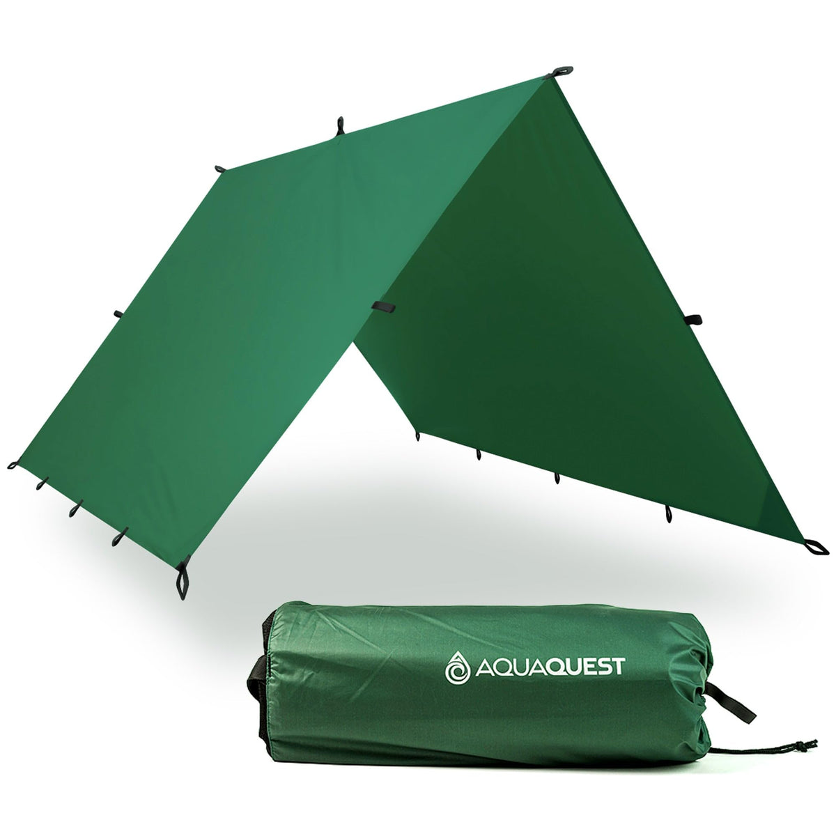 AquaQuest Guide Tarp folded compact into its stuff sack for ultralight backpacking.
