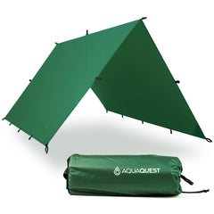 AquaQuest Guide Tarp folded compact into its stuff sack for ultralight backpacking.