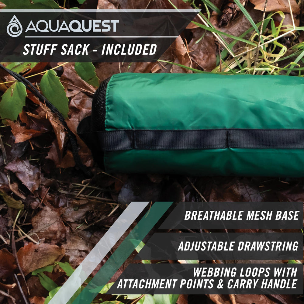 AquaQuest Guide Tarp forester green coverage displaying 243 sq ft of shelter.