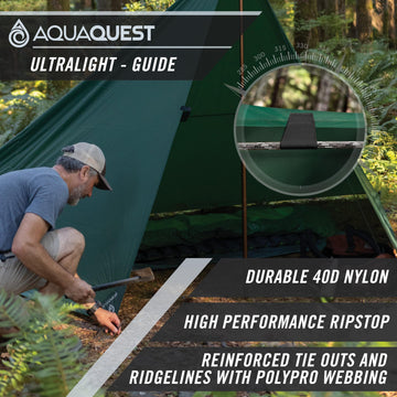AquaQuest Guide Tarp lean-to pitch showing versatile shelter options.