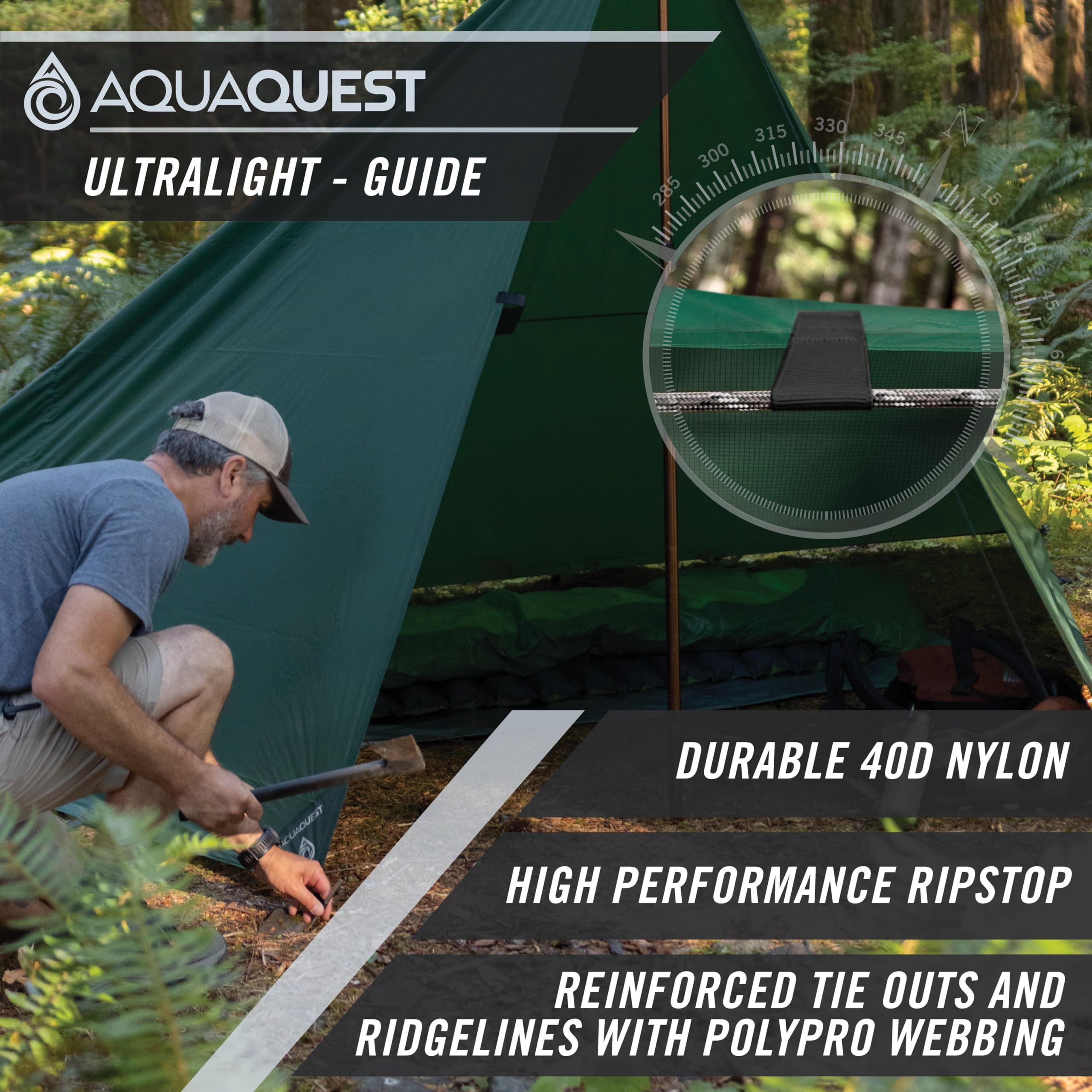 AquaQuest Guide Tarp ripstop closeup shows lightweight strength for long hikes.