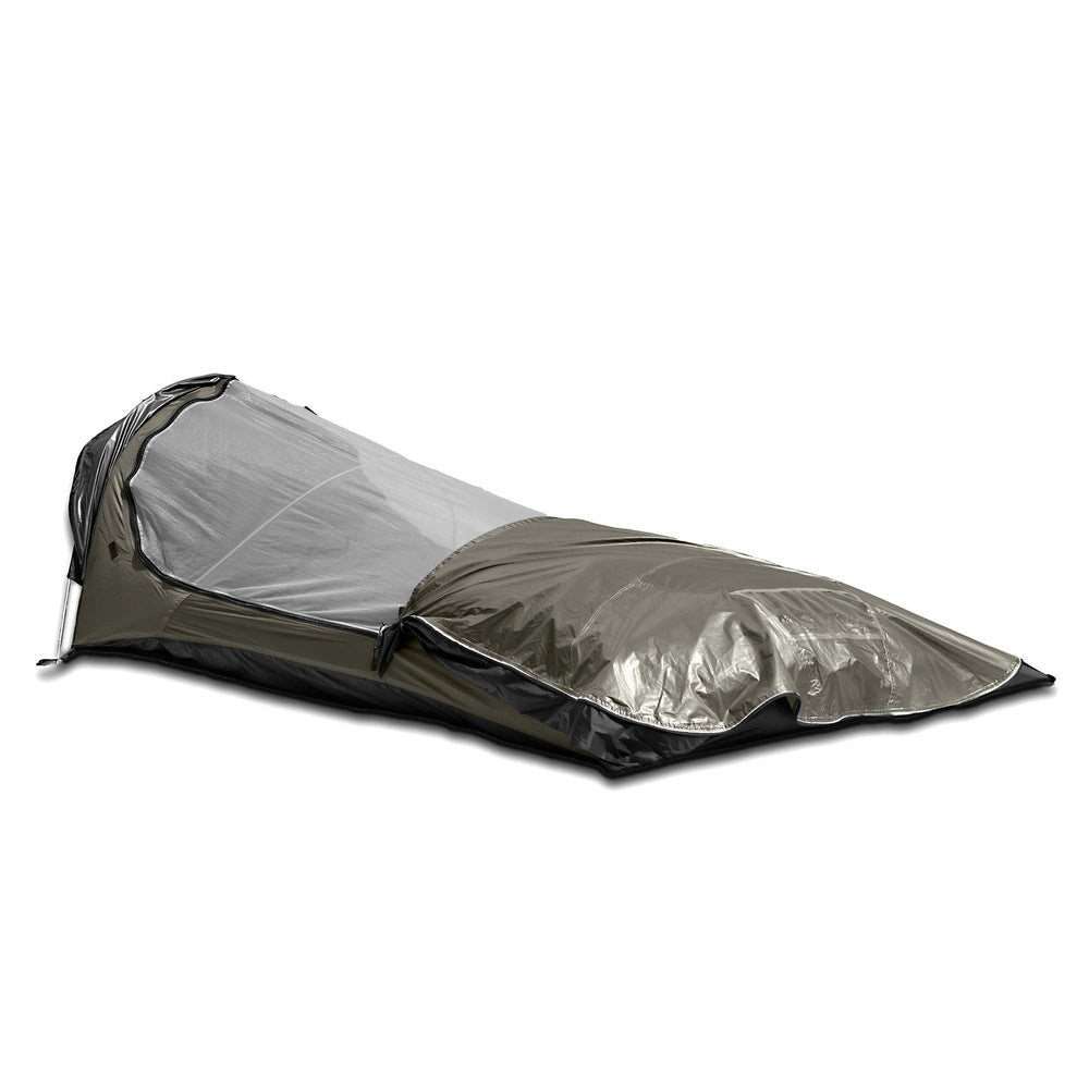 AquaQuest Hideaway Bivy being set up with a single-pole system in the wild.