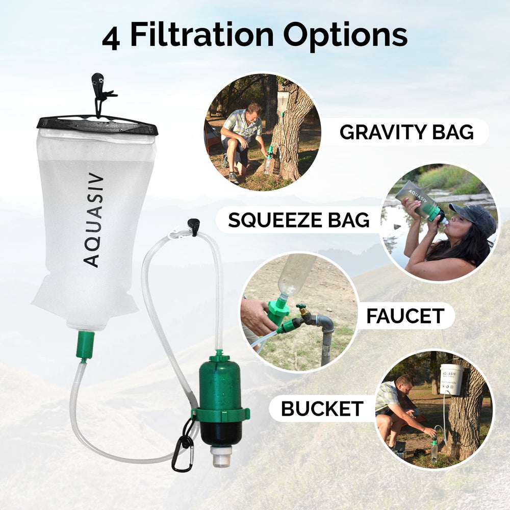 AQUASIV gravity bag pouring water during quick campsite setup