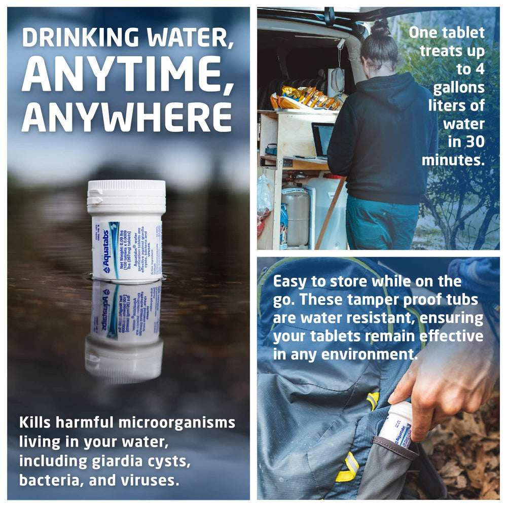 Aquatabs tablets dissolving into water demonstrating quick purification on the go.