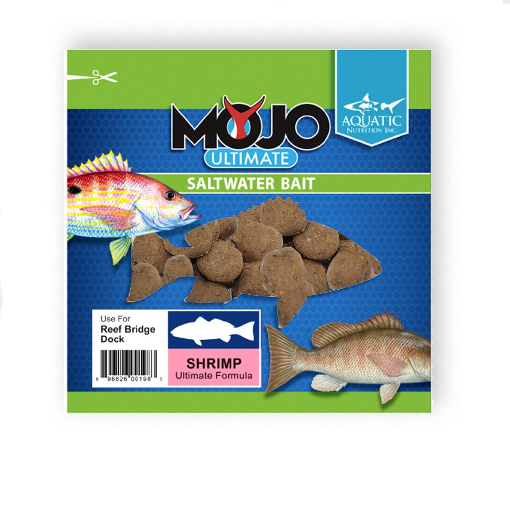 Aquatic Nutrition Mojo Ultimate Bait packaging shows shelf-stable shrimp formula for boat storage.