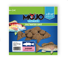 Aquatic Nutrition Mojo Ultimate Bait packaging shows shelf-stable shrimp formula for boat storage.