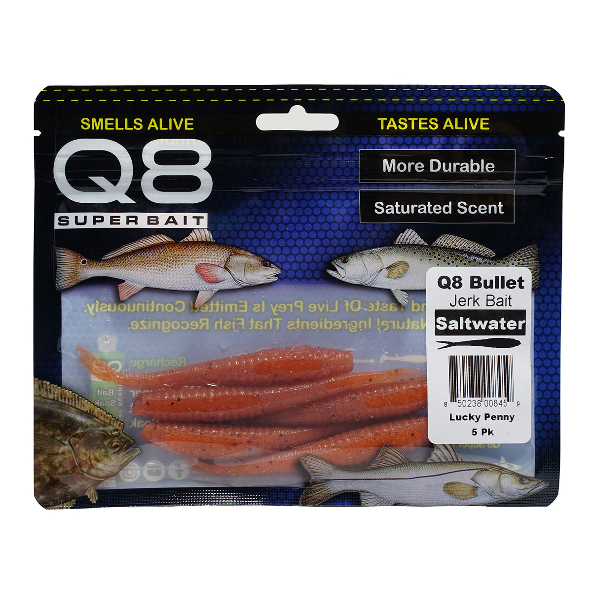 Aquatic Nutrition Q8 Super Bait Bullet Jerk Bait Lucky Penny packaging shows a pre-charged lure