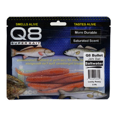 Aquatic Nutrition Q8 Super Bait Bullet Jerk Bait Lucky Penny packaging shows a pre-charged lure