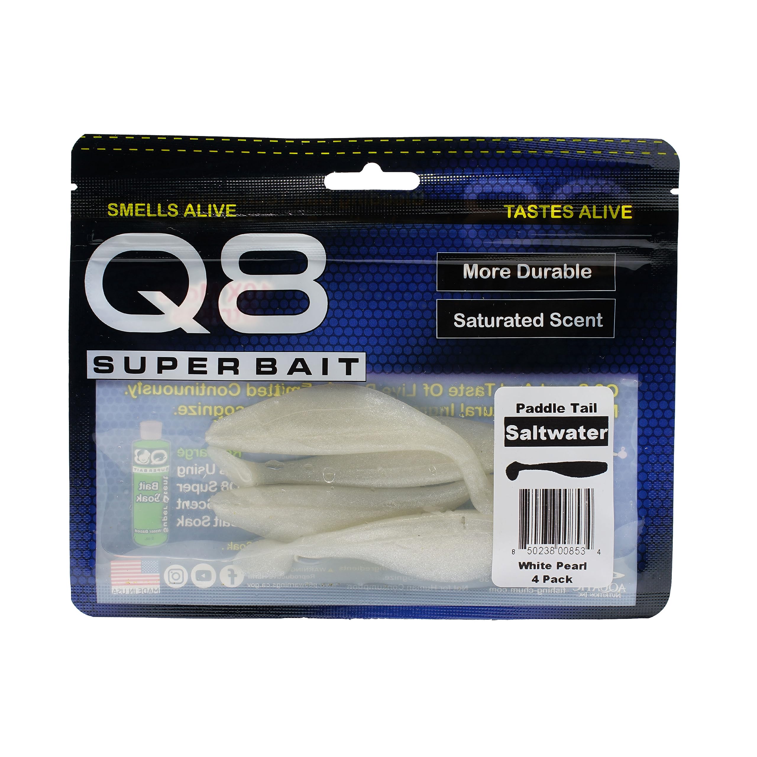Aquatic Nutrition Q8 Super Bait Paddle Tail White Pearl closeup shows durable scent saturation for stronger lures.