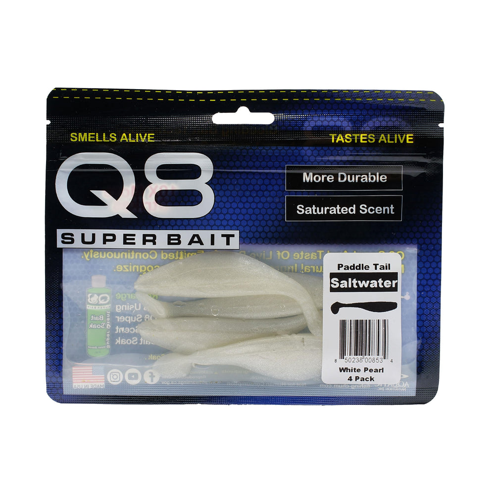 Aquatic Nutrition Q8 Super Bait Paddle Tail White Pearl closeup shows durable scent saturation for stronger lures.