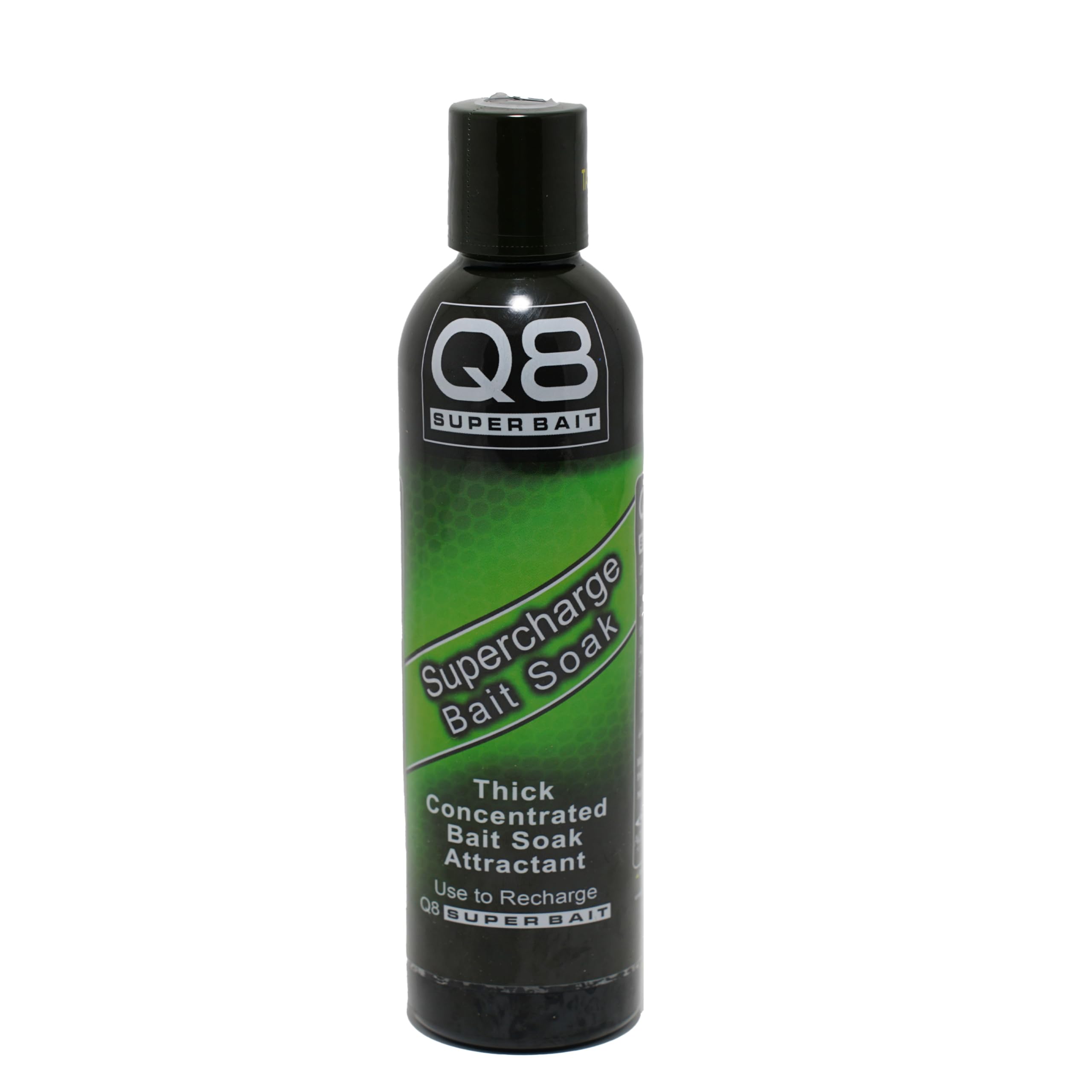 Aquatic Nutrition Q8 Supercharge Bait Soak bottle closeup enhances scent appeal for bait saturation.