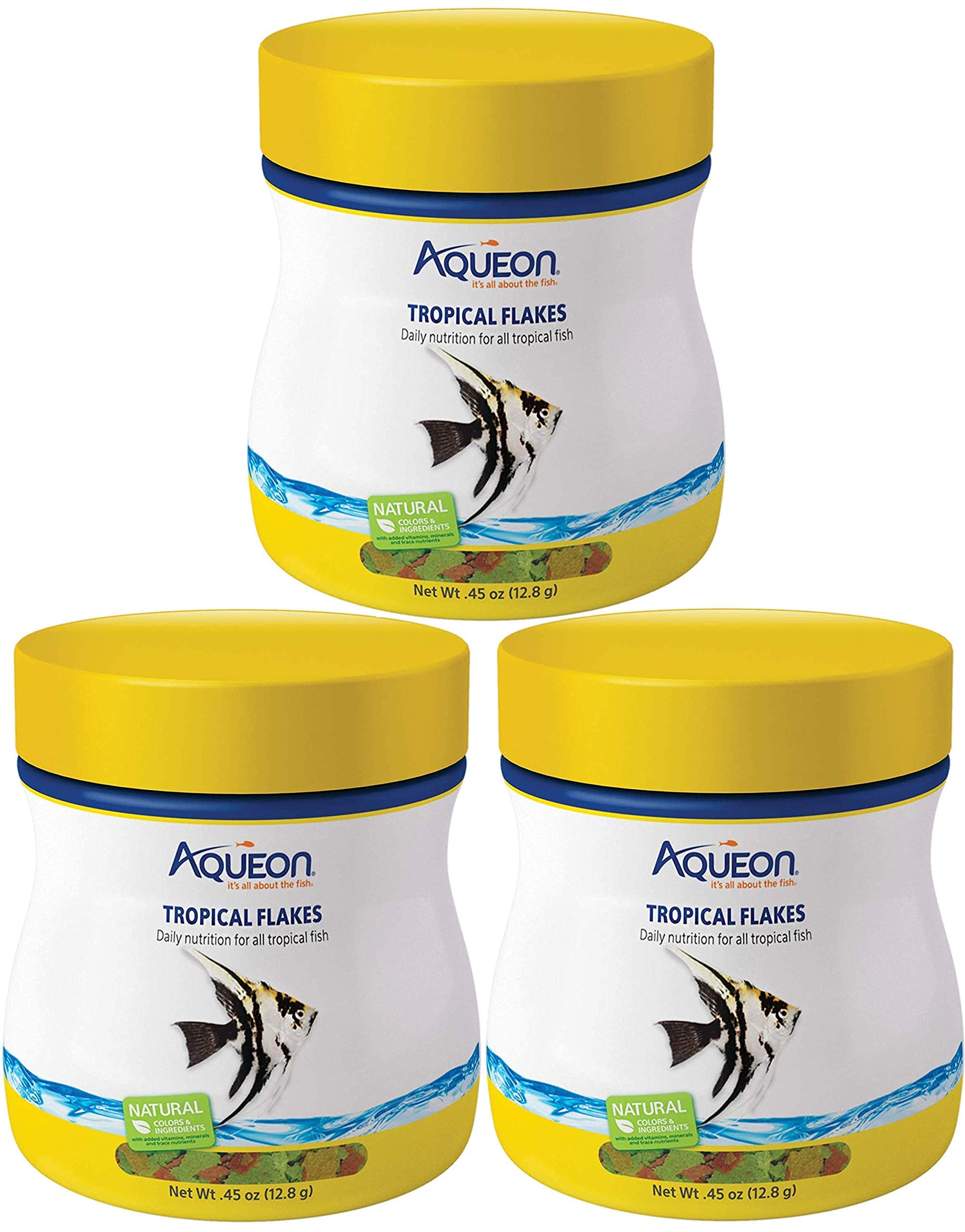 Aqueon Tropical Flakes three-pack front view, convenient for regular feeding.