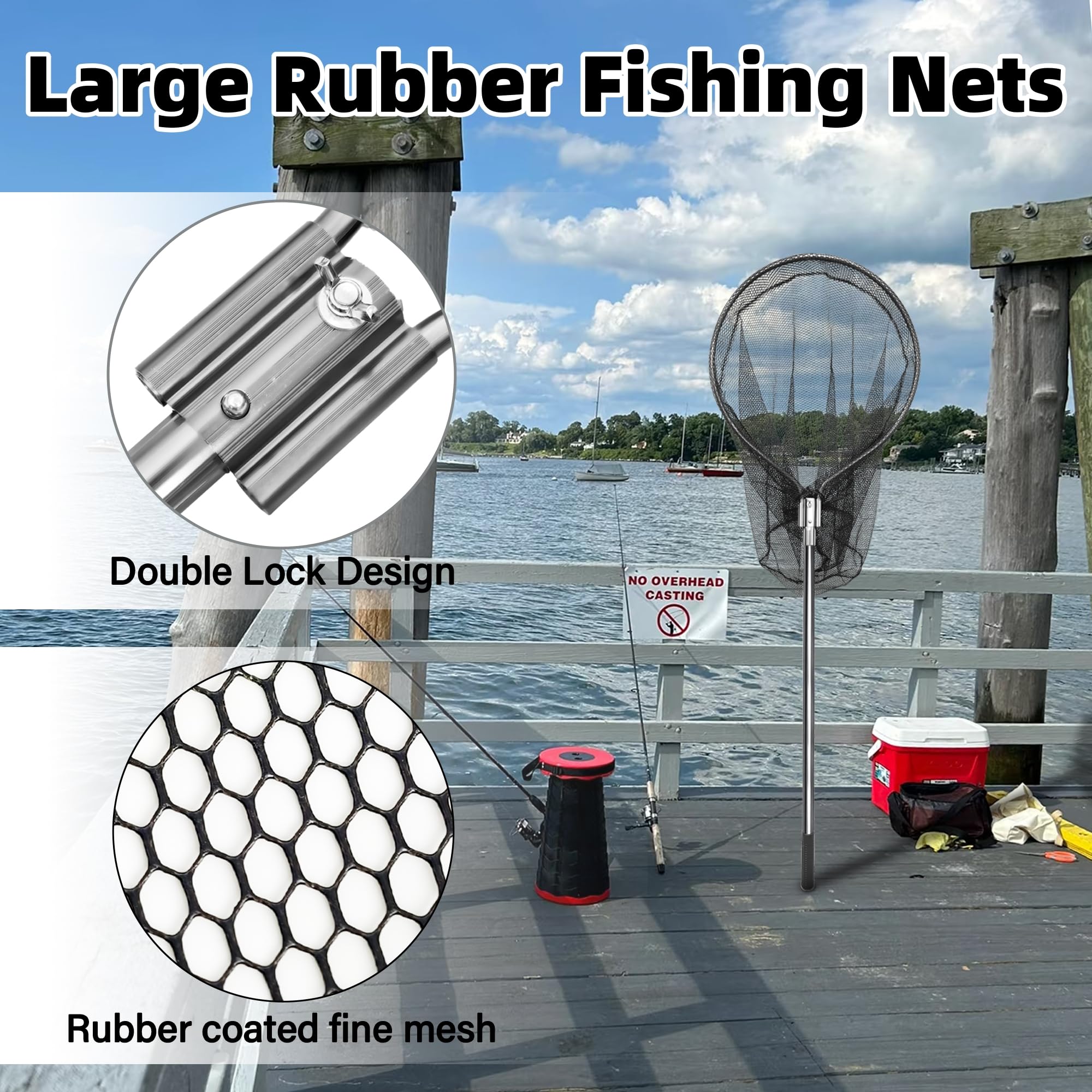 Rubber net with 0.2 inch mesh to prevent small fish slipping through