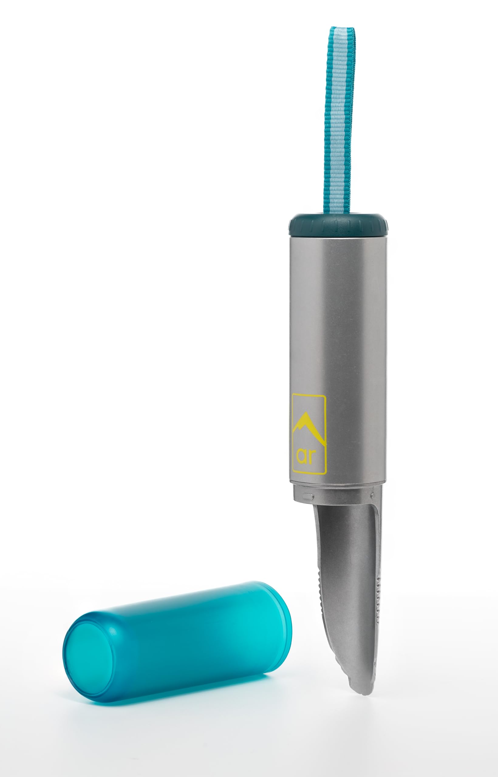 AR Adventure Ready aluminum trowel close-up reveals rugged serrated edge for digging.